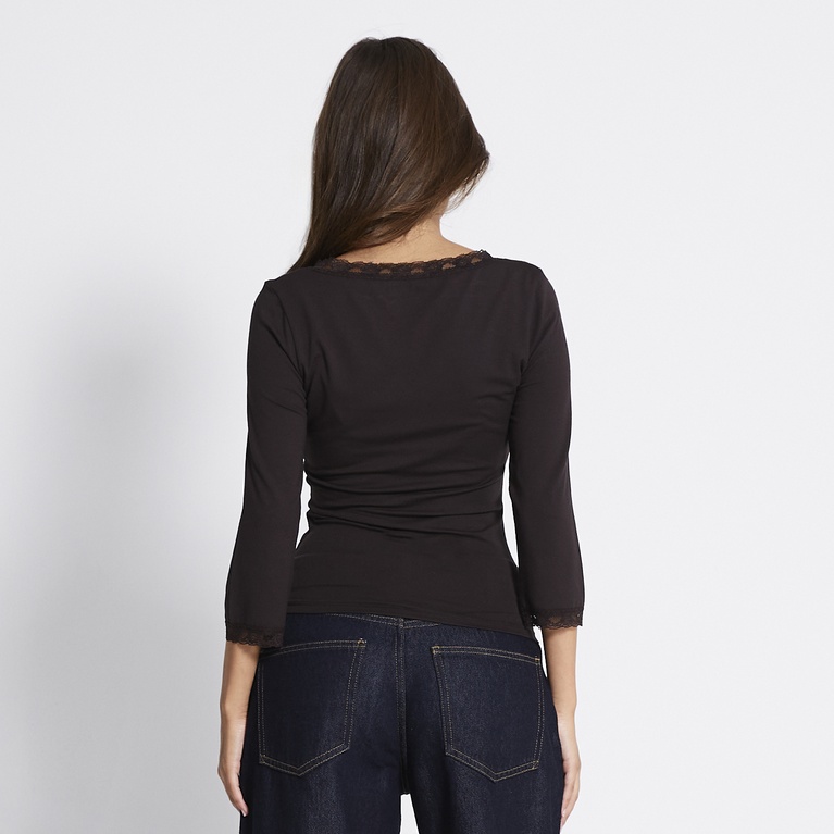 V-neck lace 3/4 sleeve top "Leonore" Brown